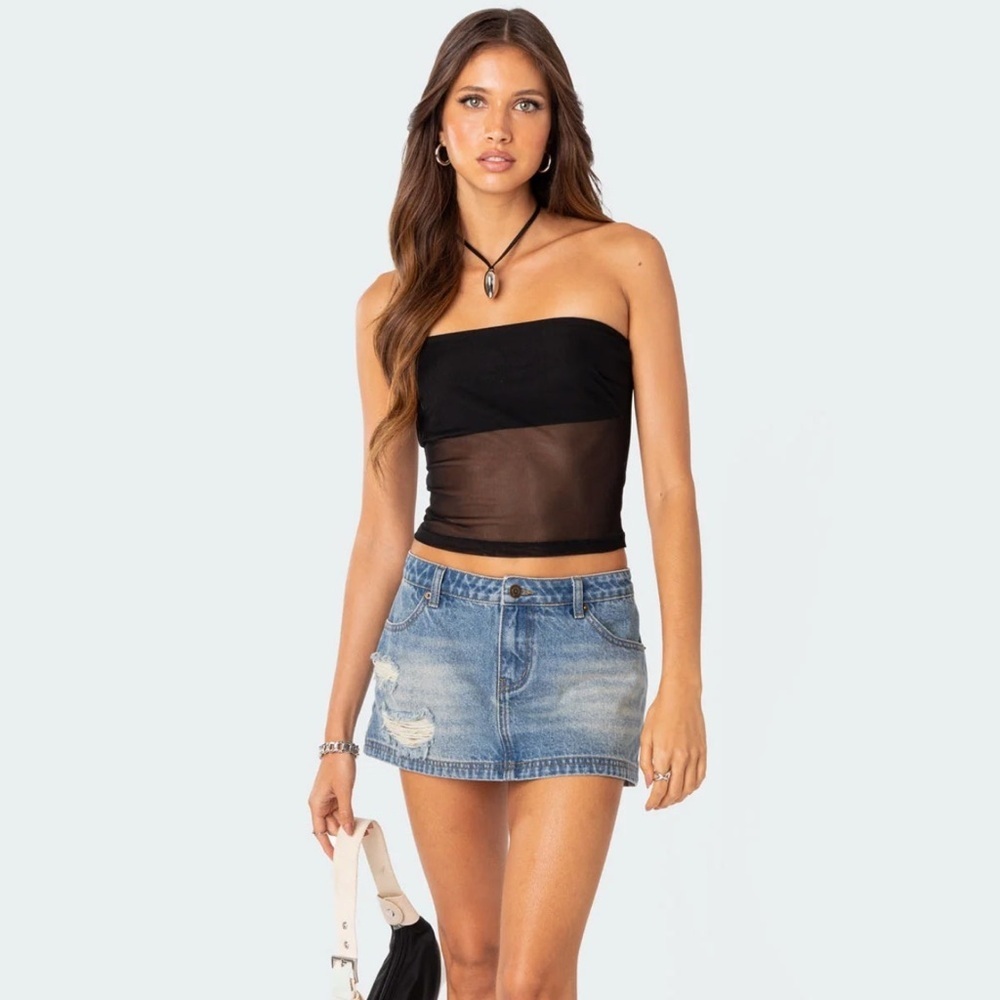 Edikted Distressed Denim Mini Skirt Blue size large!